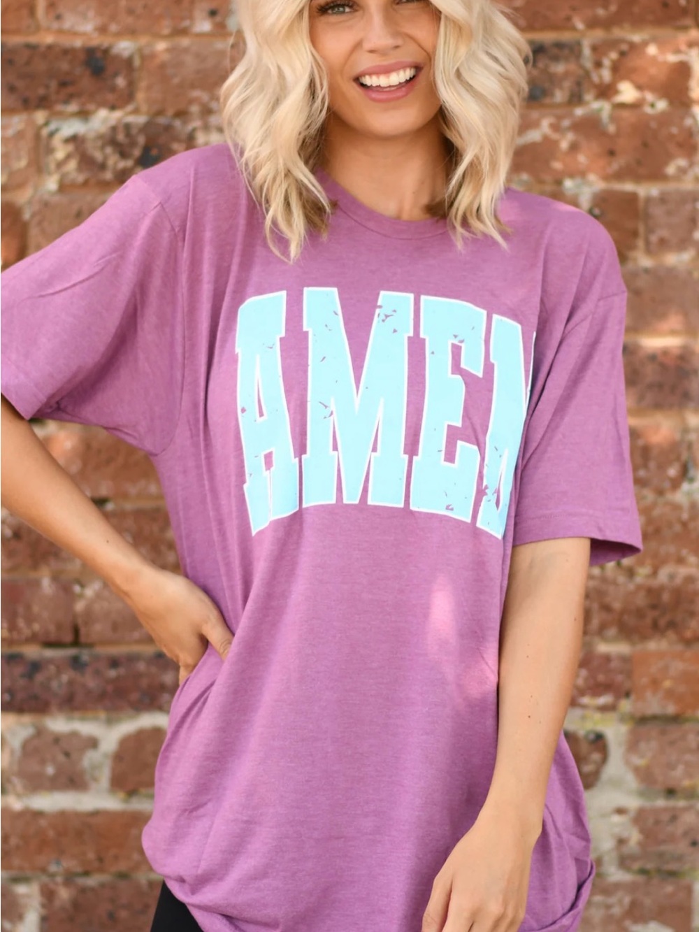 Relaxed Mauve Graphic Tee with Light Blue AMEN